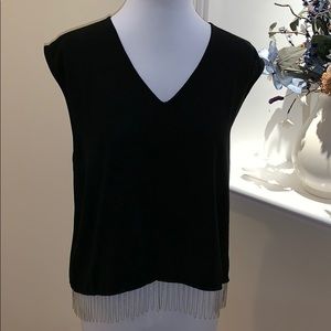 Thin silver chain trimmed black v neck top